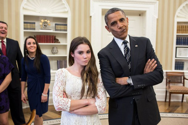 Pulling faces: U.S. President Obama and gymnast and Olympic winner McKayla Maroney, both with folded arms and a bored expression. | Pete Souza, White House photographer