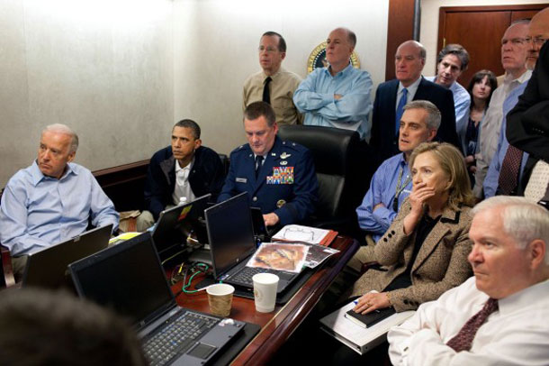 Live stream from Pakistan in the Situation Room: Vice President Joe Biden, Obama, Defense Minister Robert Gates, Foreign Secretary Hillary Clinton and members of the national security team watch the ongoing operation which led to the killing of Osama bin Laden Pete Souza, White House photographer