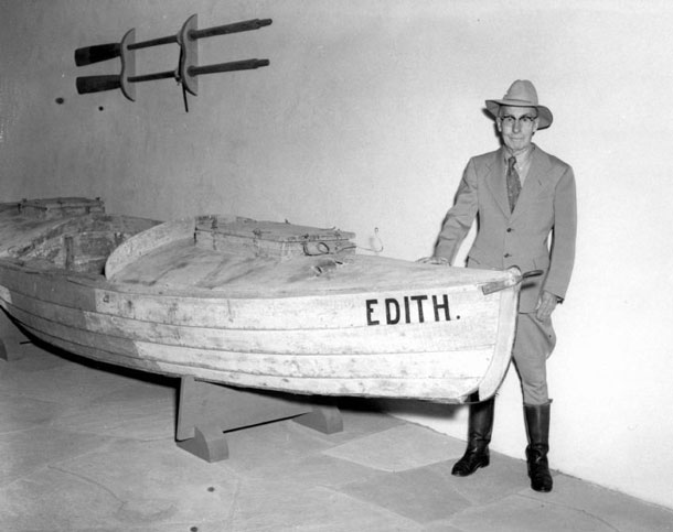 Symbol of heroism: Emery Kolb posing in front of the boat "Edith" he used for the "big trip." The scow was custom-made and had to be repaired several times during the trip because of damages caused by the rapids. Emery Kolb, here in May 1959, ran the photo studio until his death in 1976. | Grand Canyon National Park / Kolb Brothers