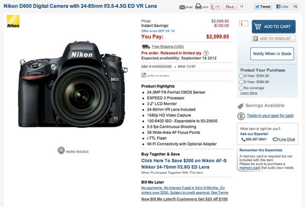 $100 Instant Rebate on Nikon D600 Kit